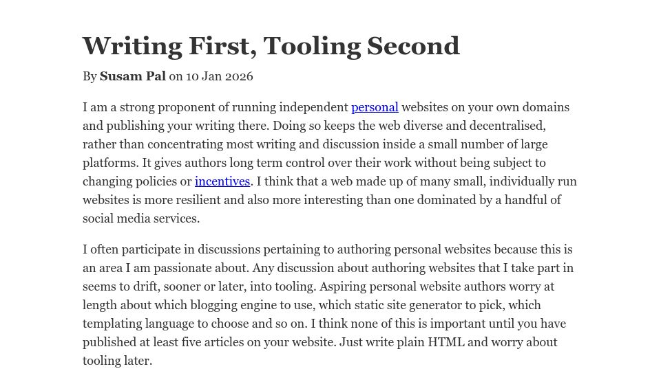 Screenshot of susam.net: Writing First, Tooling Second