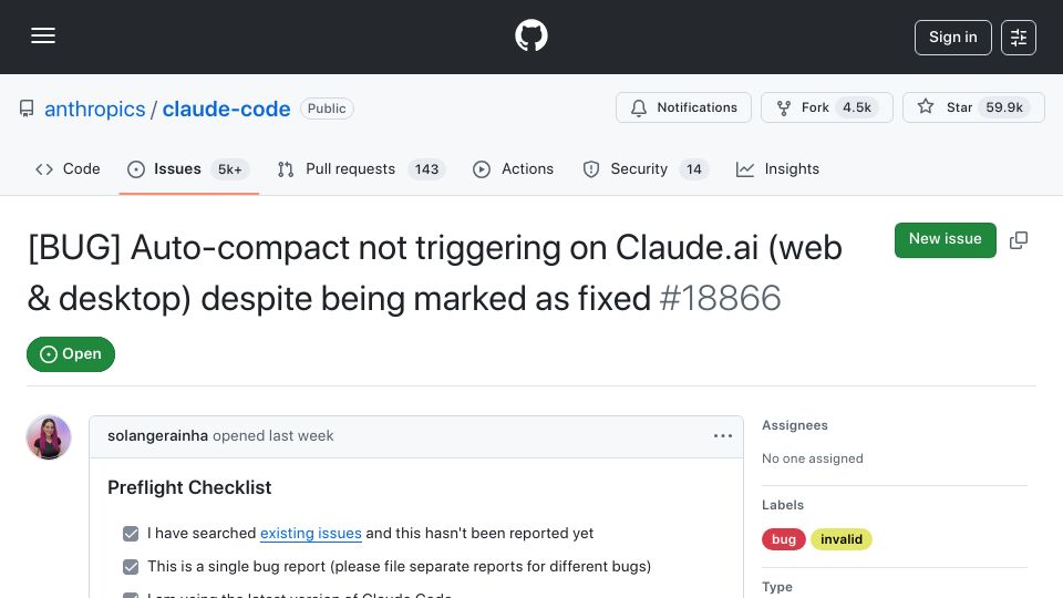 Screenshot of github.com: Auto-compact not triggering on Claude.ai despite being marked as fixed