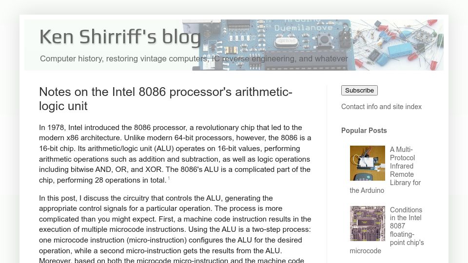 Screenshot of righto.com: Notes on the Intel 8086 processor's arithmetic-logic unit