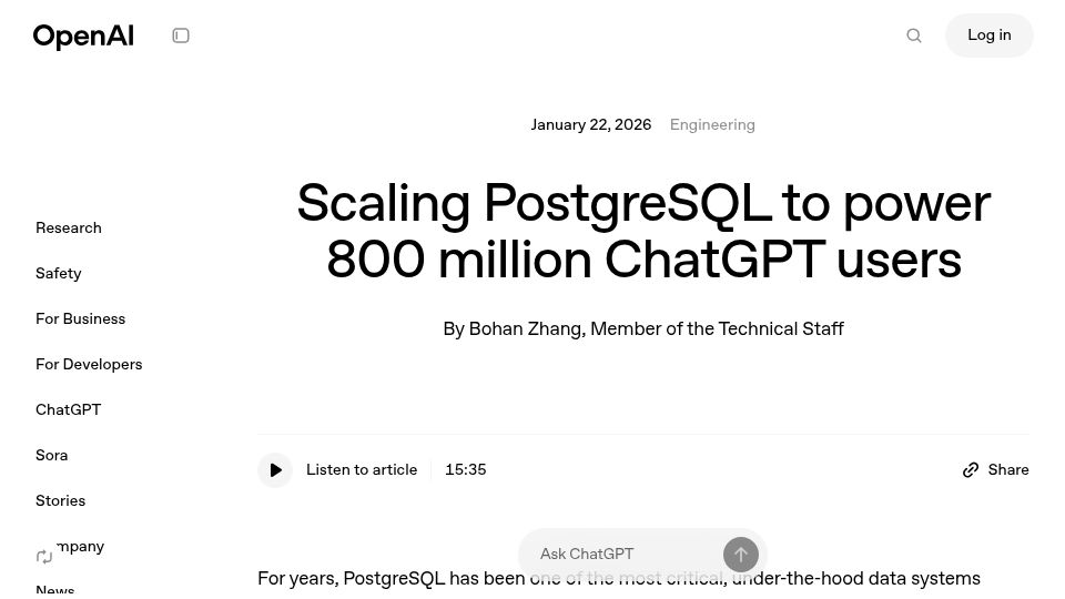 Screenshot of openai.com: Scaling PostgreSQL to power 800M ChatGPT users