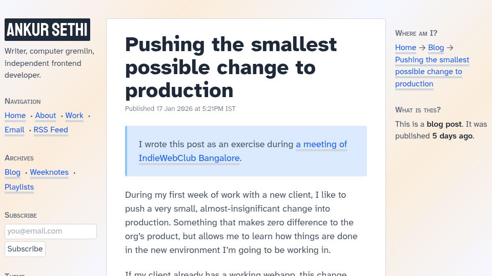 Screenshot of ankursethi.com: Pushing the smallest possible change to production