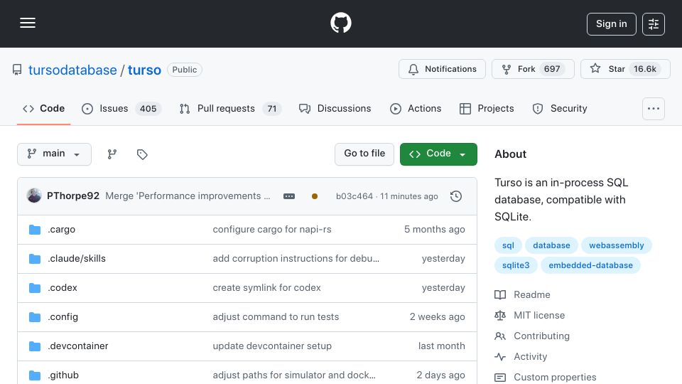Screenshot of github.com: Turso is an in-process SQL database, compatible with SQLite