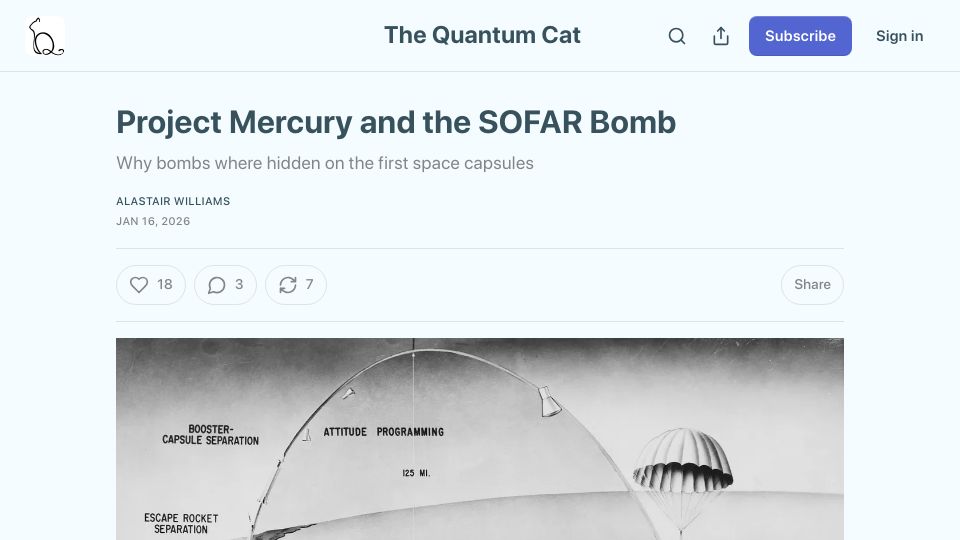 Screenshot of thequantumcat.space: Project Mercury and the Sofar Bomb