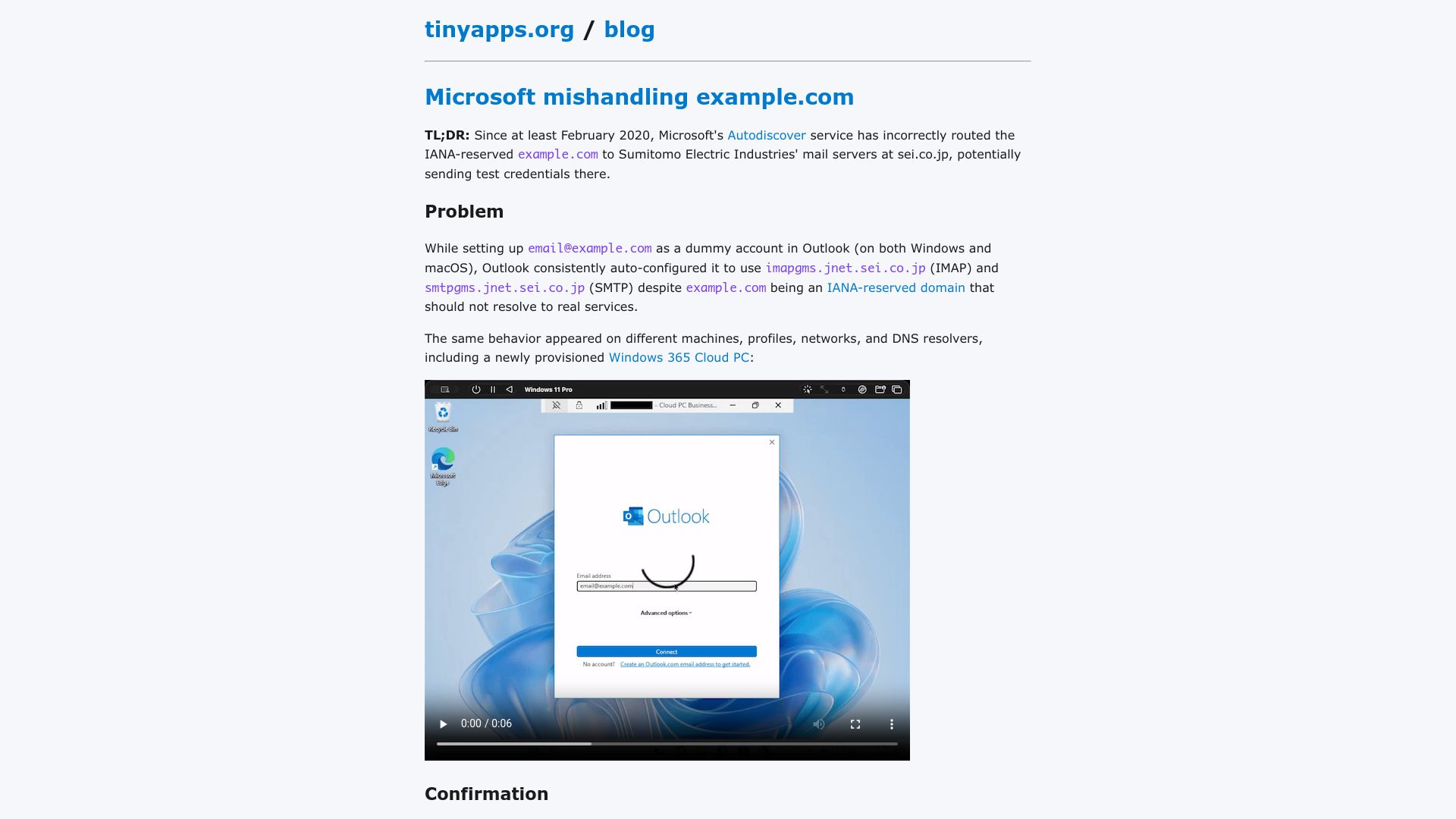 Screenshot of tinyapps.org: Microsoft mishandling example.com