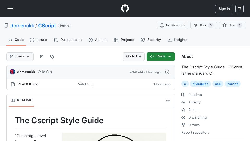 Screenshot of github.com: The Cscript Style Guide – CScript is the standard C
