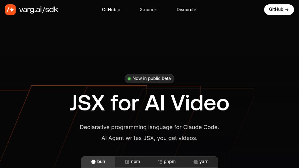 Screenshot of varg.ai: Vargai/SDK – JSX for AI video, declarative programming language for Claude Code