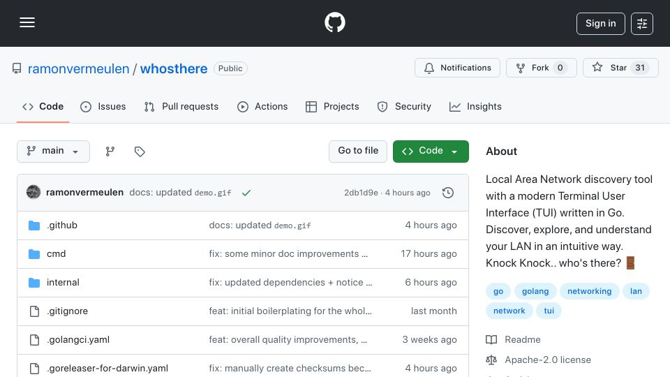 Screenshot of github.com: Show HN: Whosthere: A LAN discovery tool with a modern TUI, written in Go