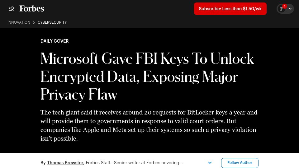 Screenshot of forbes.com: Microsoft Gave FBI Keys to Unlock Encrypted Data, Exposing Major Privacy Flaw