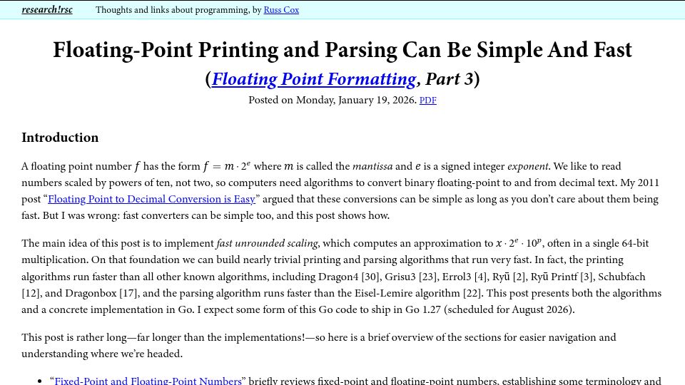 Screenshot of research.swtch.com: Floating-Point Printing and Parsing Can Be Simple and Fast
