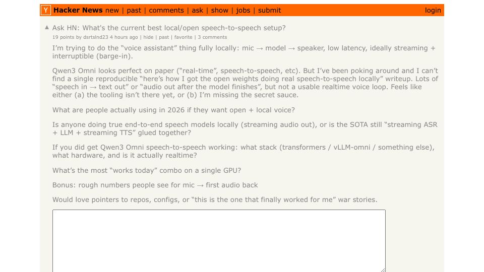 Screenshot of Hacker News post: Ask HN: What's the current best local/open speech-to-speech setup?