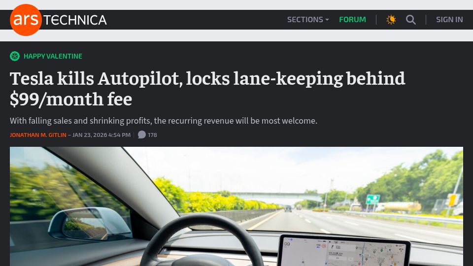 Screenshot of arstechnica.com: Tesla kills Autopilot, locks lane-keeping behind $99/month fee