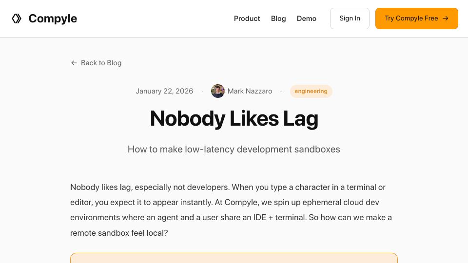 Screenshot of compyle.ai: Nobody likes lag: How to make low-latency dev sandboxes