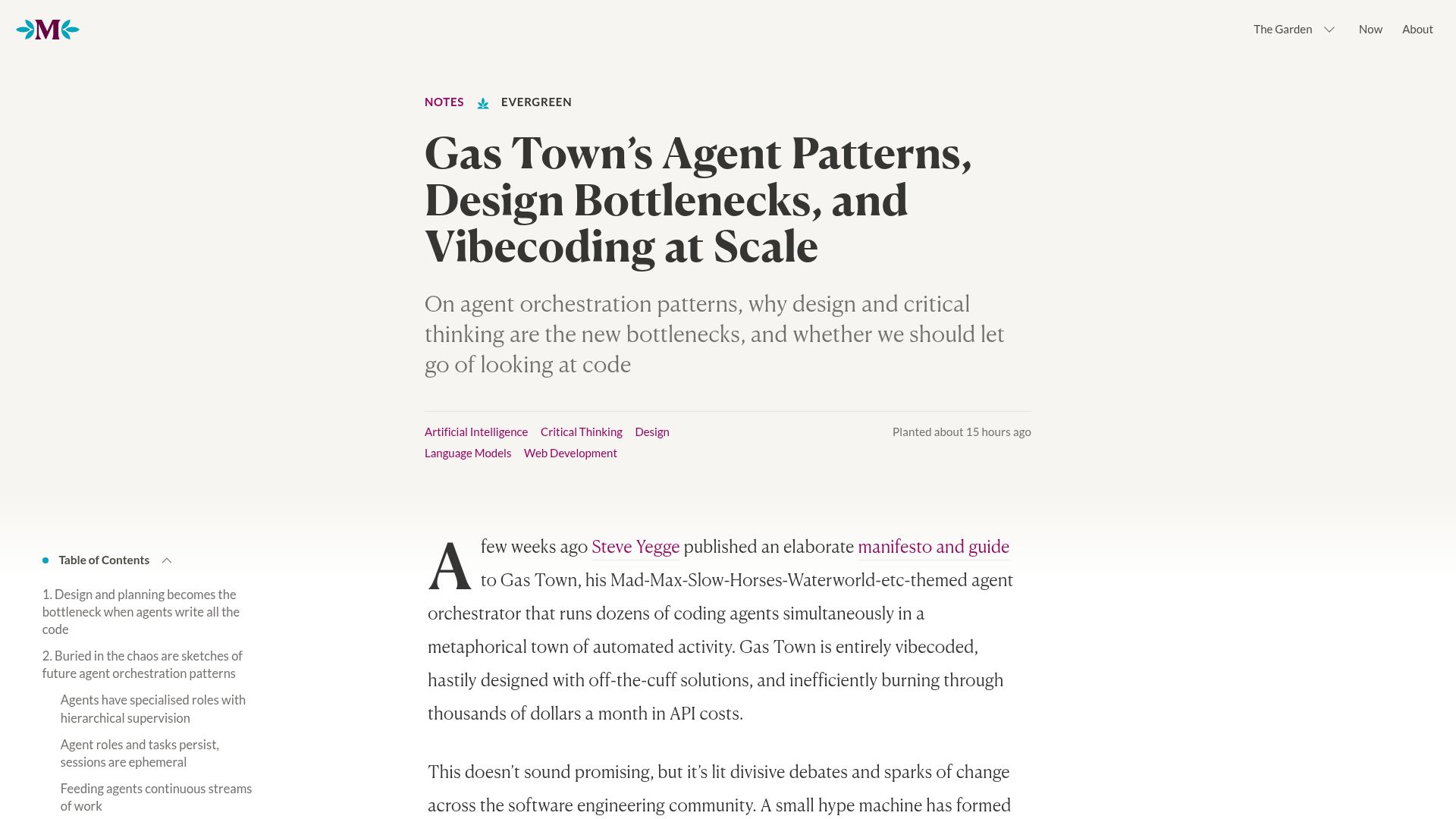 Screenshot of maggieappleton.com: Gas Town's agent patterns, design bottlenecks, and vibecoding at scale