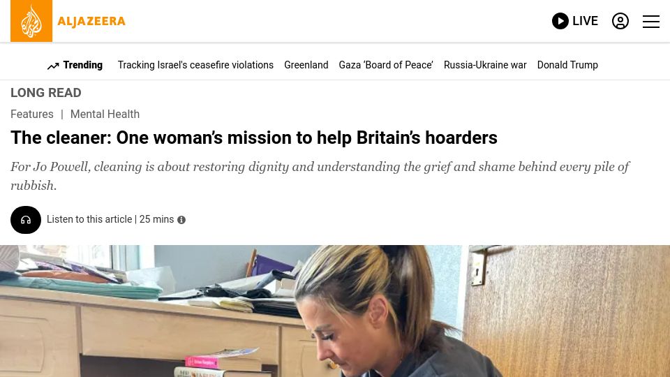 Screenshot of aljazeera.com: The cleaner: One woman’s mission to help Britain’s hoarders