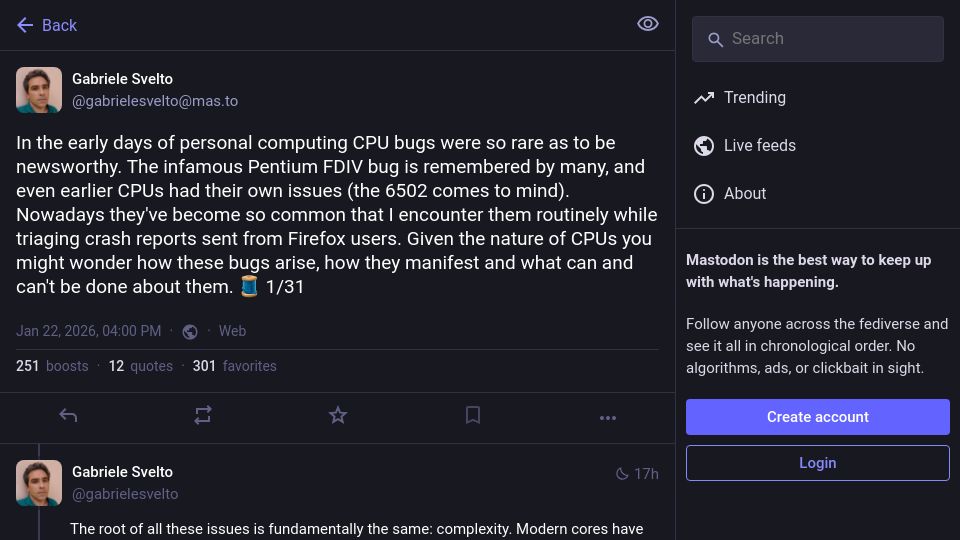Screenshot of mas.to: Why are there so many CPU bugs nowadays