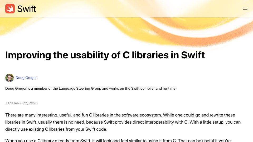 Screenshot of swift.org: Improving the usability of C libraries in Swift