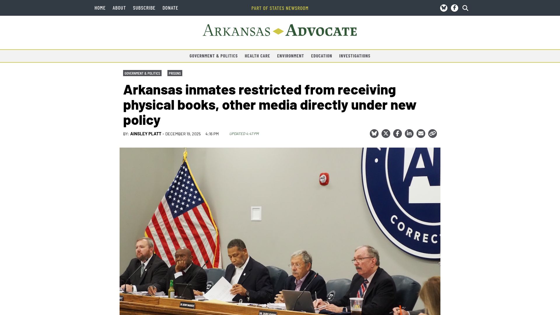 Screenshot of arkansasadvocate.com: Arkansas inmates restricted from receiving physical books, other media directly