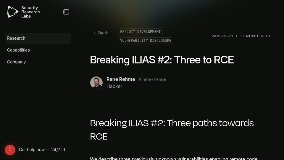 Screenshot of srlabs.de: Three RCEs in Ilias Learning Management System