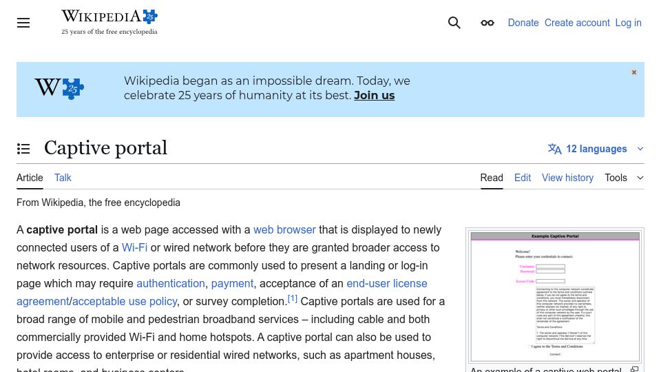 Screenshot of en.wikipedia.org: Captive Wi-Fi