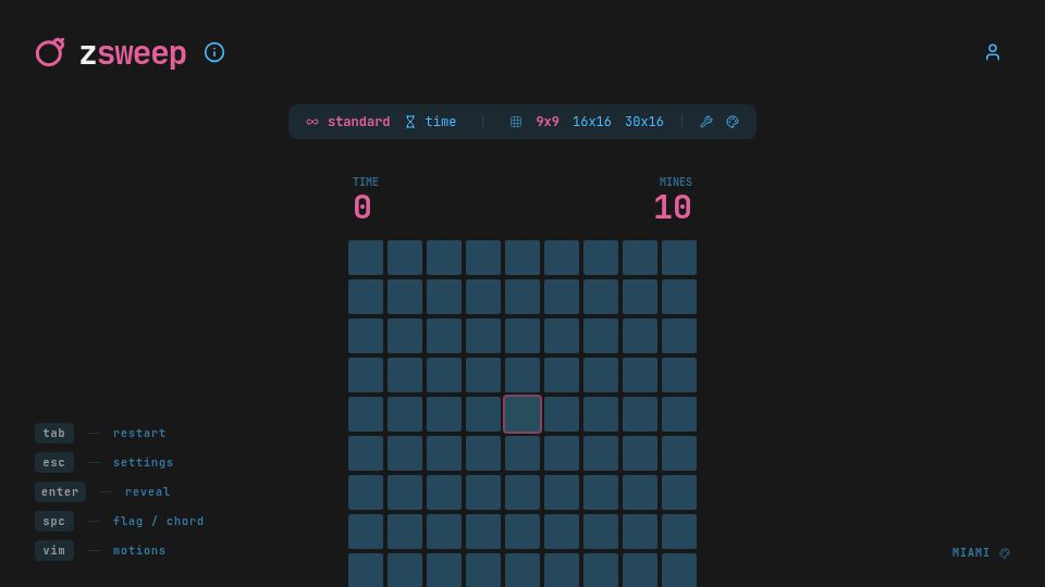 Screenshot of zsweep.com: Show HN: Zsweep – Play Minesweeper using only Vim motions