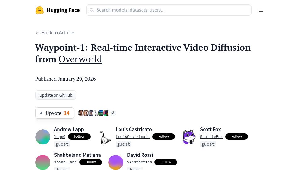 Screenshot of huggingface.co: Waypoint-1: Real-Time Interactive Video Diffusion from Overworld