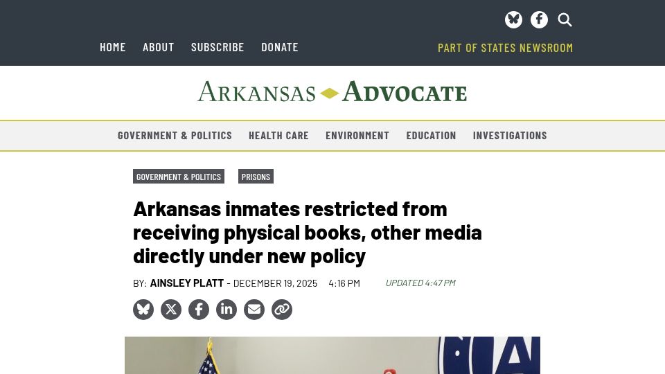 Screenshot of arkansasadvocate.com: Arkansas inmates restricted from receiving physical books, other media directly