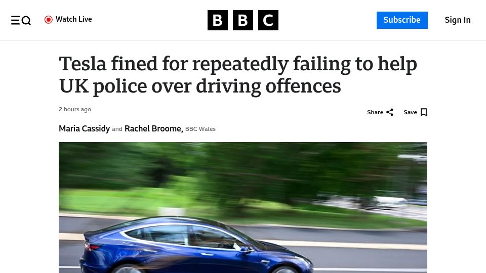 Screenshot of bbc.co.uk: Tesla fined for repeatedly failing to help UK police over driving offences