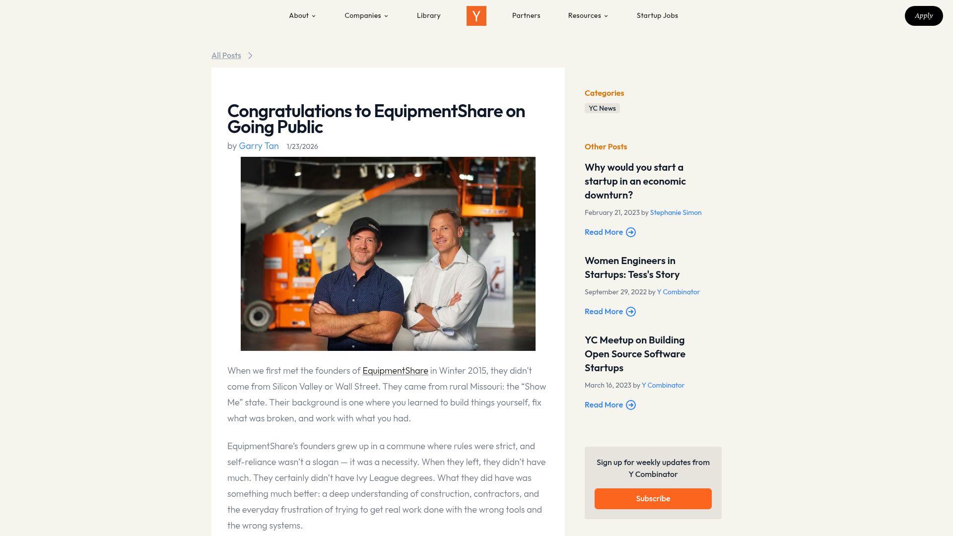 Screenshot of ycombinator.com: EquipmentShare (YC W15) goes public