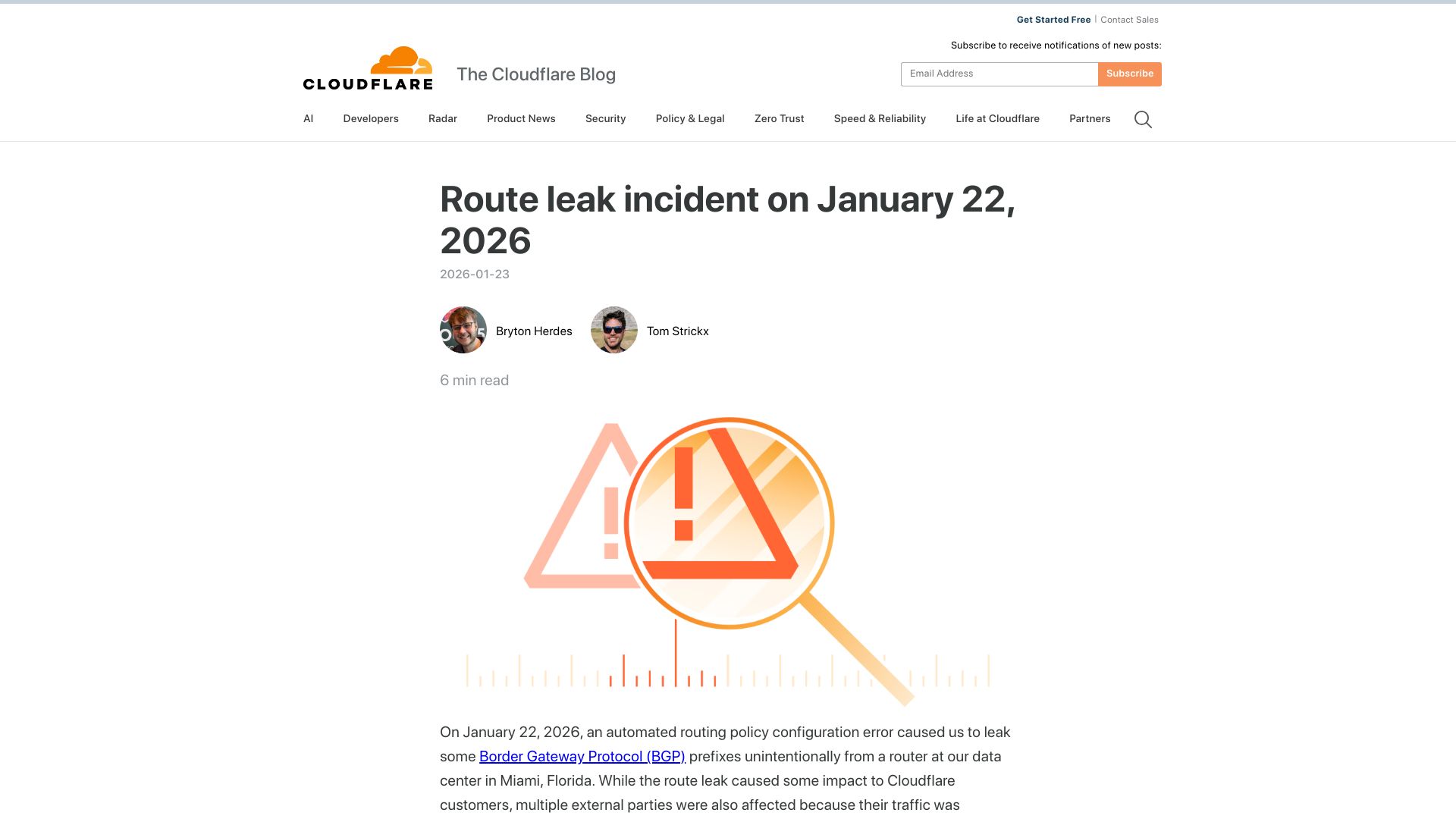 Screenshot of blog.cloudflare.com: Route leak incident on January 22, 2026