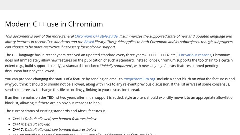 Screenshot of chromium.googlesource.com: Banned C++ features in Chromium