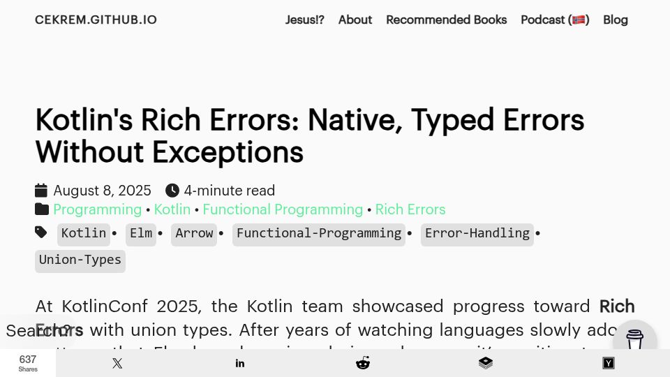 Screenshot of cekrem.github.io: Kotlin's rich errors: Native, typed errors without exceptions