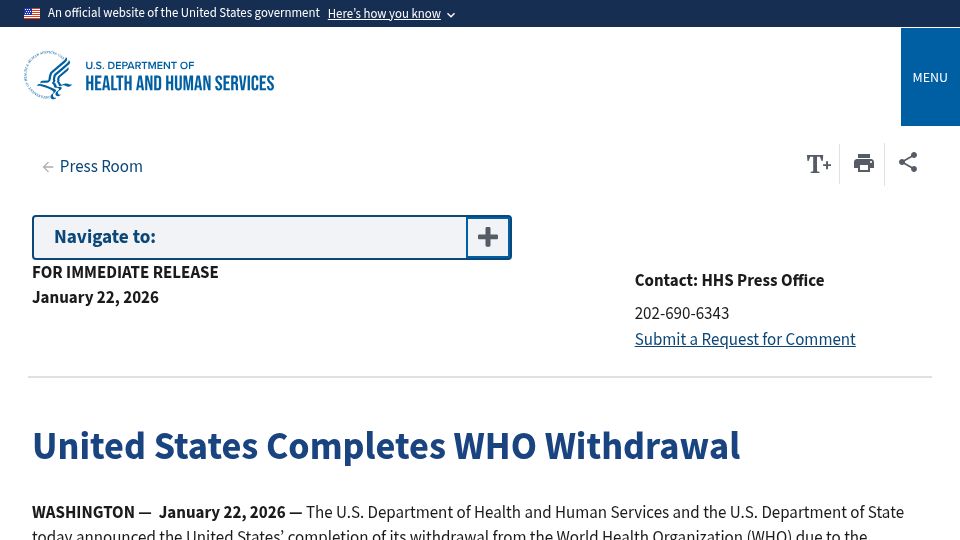 Screenshot of hhs.gov: United States Completes WHO Withdrawal