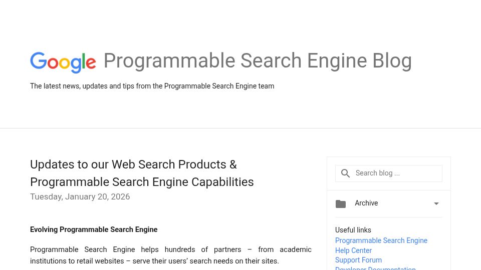 Screenshot of programmablesearchengine.googleblog.com: Updates to our web search products and Programmable Search Engine capabilities