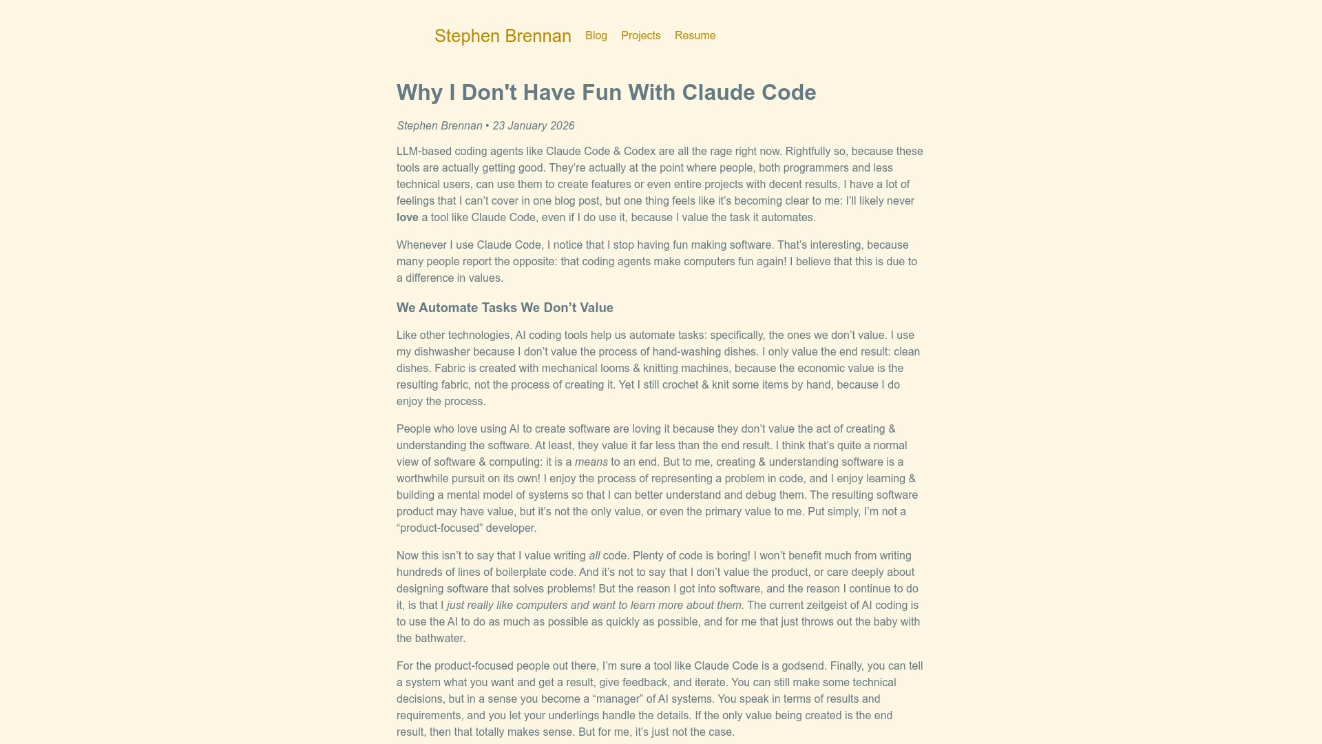 Screenshot of brennan.io: Why I don't have fun with Claude Code