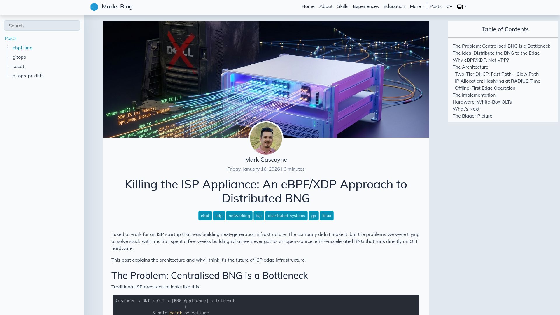 Screenshot of markgascoyne.co.uk: Killing the ISP Appliance: An eBPF/XDP Approach to Distributed BNG