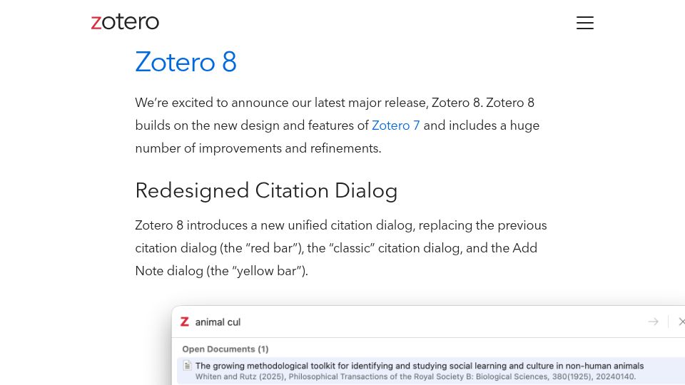 Screenshot of zotero.org: Zotero 8