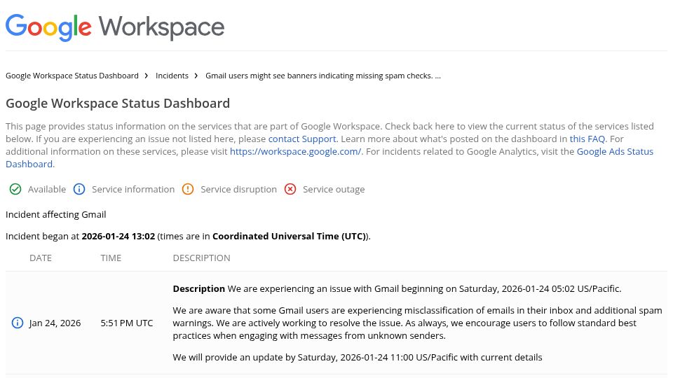 Screenshot of google.com: Gmail Spam Detection Down