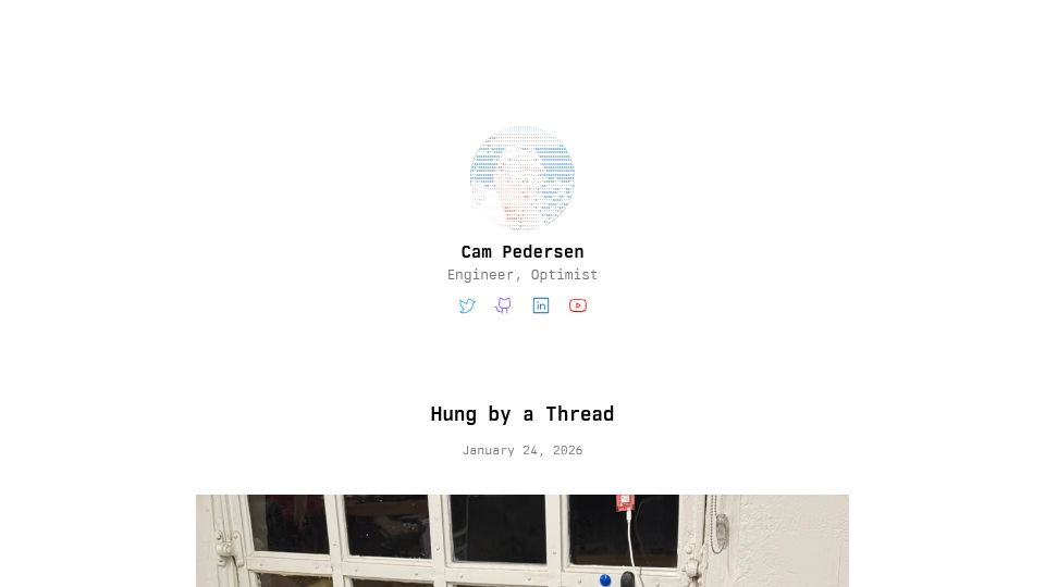 Screenshot of campedersen.com: Hung by a thread