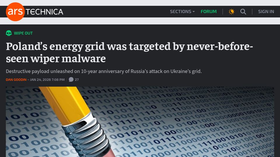 Screenshot of arstechnica.com: Poland's energy grid was targeted by never-before-seen wiper malware
