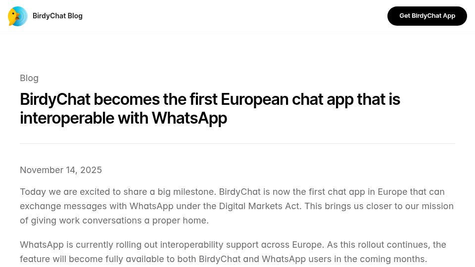 Screenshot of birdy.chat: BirdyChat becomes first European chat app that is interoperable with WhatsApp
