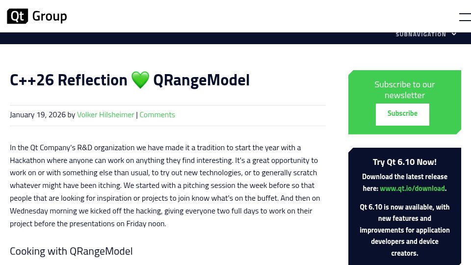 Screenshot of qt.io: C++26 Reflection loves QRangeModel