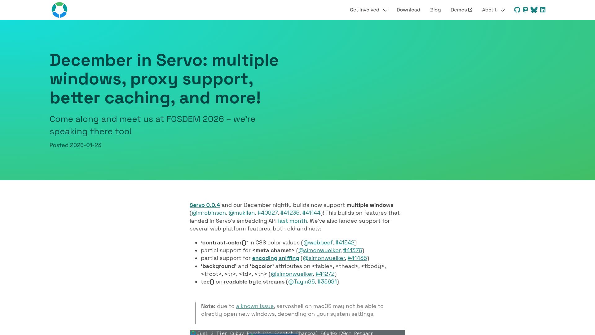 Screenshot of servo.org: December in Servo: multiple windows, proxy support, better caching, and more