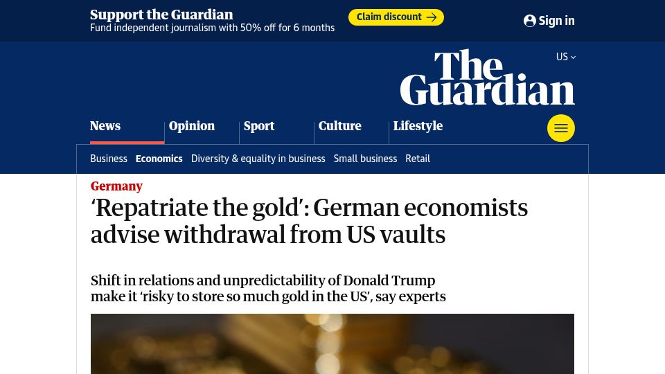 Screenshot of theguardian.com: Repatriate the gold': German economists advise withdrawal from US vaults