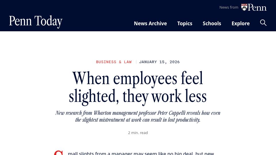 Screenshot of penntoday.upenn.edu: When employees feel slighted, they work less