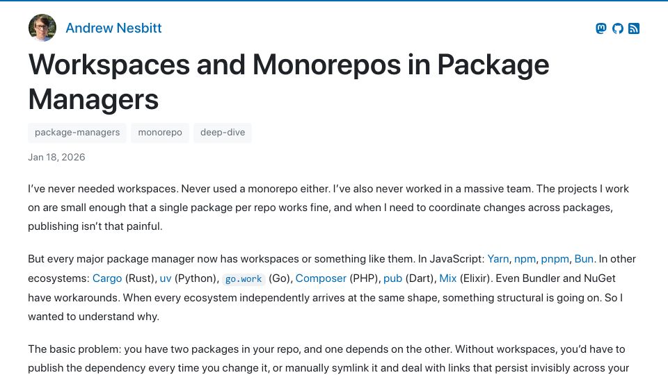 Screenshot of nesbitt.io: Workspaces and Monorepos in Package Managers