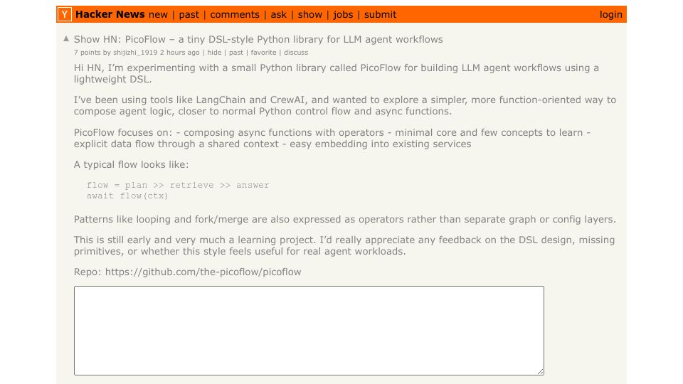 Screenshot of Hacker News post: Show HN: PicoFlow – a tiny DSL-style Python library for LLM agent workflows