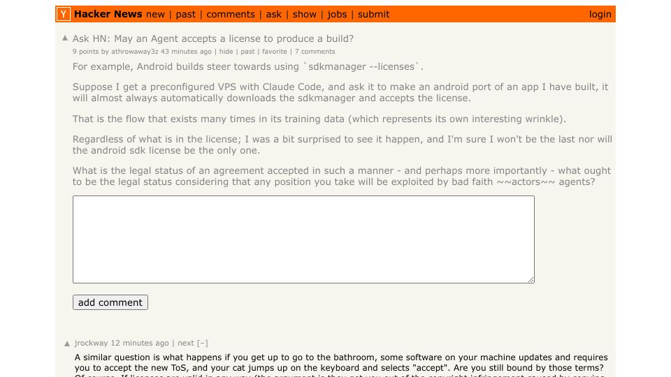 Screenshot of Hacker News post: Ask HN: May an Agent accepts a license to produce a build?