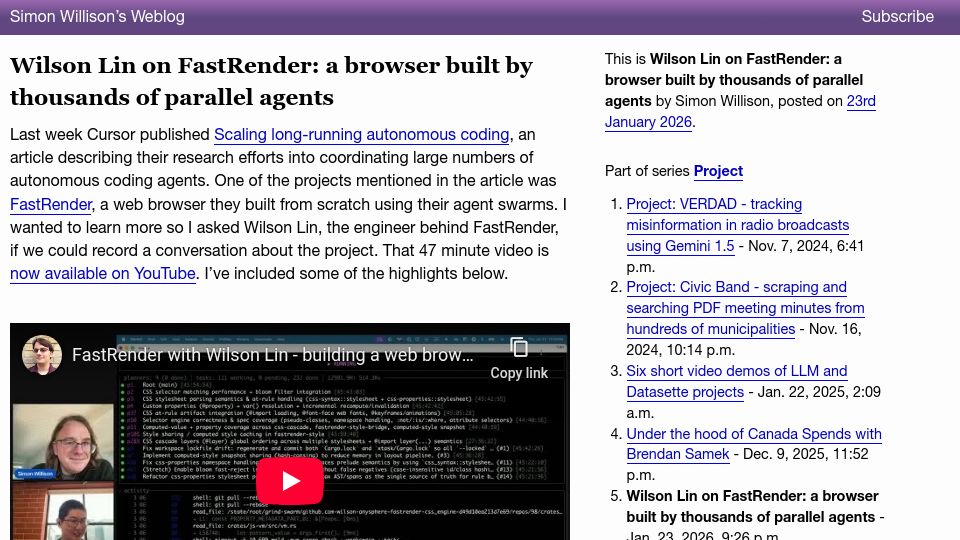 Screenshot of simonwillison.net: Wilson Lin on FastRender: a browser built by parallel agents