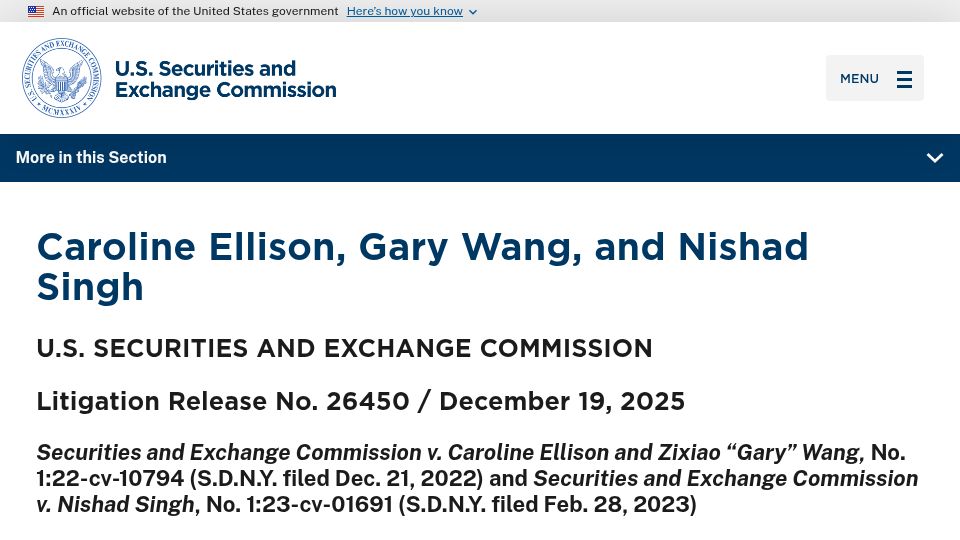 Screenshot of sec.gov: SEC obtains final consent judgments against former FTX and Alameda executives