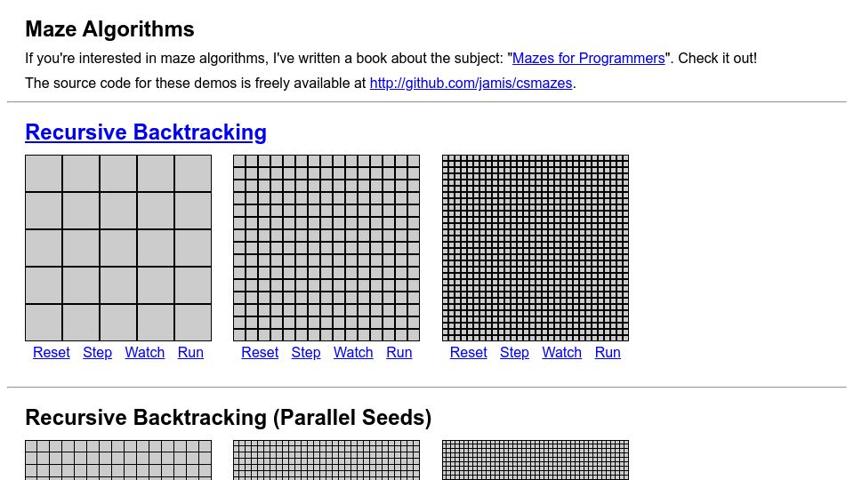 Screenshot of jamisbuck.org: Maze Algorithms (2017)